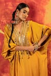 PRAHNAAYA_Yellow Vegan Satin Embroidery Gota V-neck Sequin Yoke Kurta With Straight Pant _at_Aza_Fashions