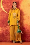 Buy_PRAHNAAYA_Yellow Vegan Satin Embroidery Luna Collar Sequin Tunic With Oversized Pant _at_Aza_Fashions