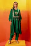 Shop_PRAHNAAYA_Green Vegan Satin Embroidery Sequin Batwing Sleeve Kurta With Straight Pant _Online_at_Aza_Fashions