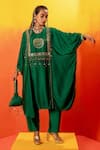 PRAHNAAYA_Green Vegan Satin Embroidery Sequin Batwing Sleeve Kurta With Straight Pant _at_Aza_Fashions