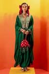 Buy_PRAHNAAYA_Green Vegan Satin Embroidery Luna V-neck Sequin Kaftan With Wrap Skirt _at_Aza_Fashions