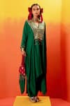 PRAHNAAYA_Green Vegan Satin Embroidery Luna V-neck Sequin Kaftan With Wrap Skirt _Online_at_Aza_Fashions