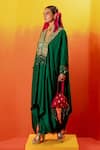 Buy_PRAHNAAYA_Green Vegan Satin Embroidery Luna V-neck Sequin Kaftan With Wrap Skirt _Online_at_Aza_Fashions