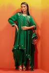 Buy_PRAHNAAYA_Green Vegan Satin Embroidery Luna Plunge V-neck Asymmetric Kurta With Dhoti Pant _at_Aza_Fashions