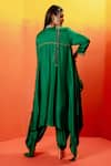 Shop_PRAHNAAYA_Green Vegan Satin Embroidery Luna Plunge V-neck Asymmetric Kurta With Dhoti Pant _at_Aza_Fashions