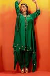 PRAHNAAYA_Green Vegan Satin Embroidery Luna Plunge V-neck Asymmetric Kurta With Dhoti Pant _Online_at_Aza_Fashions