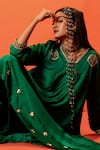 PRAHNAAYA_Green Vegan Satin Embroidery Luna Plunge V-neck Asymmetric Kurta With Dhoti Pant _Online