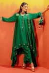 PRAHNAAYA_Green Kurta And Dhoti Pant Vegan Satin Embroidery Luna Plunge Asymmetric & Set _Online_at_Aza_Fashions