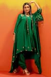 Buy_PRAHNAAYA_Green Kurta And Dhoti Pant Vegan Satin Embroidery Luna Plunge Asymmetric & Set _Online_at_Aza_Fashions