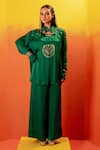 Buy_PRAHNAAYA_Green Vegan Satin Embroidery Luna Collar Sequin Tunic With Oversized Pant _at_Aza_Fashions