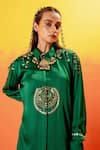 Shop_PRAHNAAYA_Green Vegan Satin Embroidery Luna Collar Sequin Tunic With Oversized Pant _Online_at_Aza_Fashions