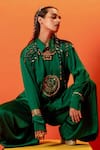 Shop_PRAHNAAYA_Green Vegan Satin Embroidery Luna Collar Sequin Tunic With Oversized Pant 