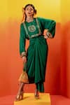 PRAHNAAYA_Green Vegan Satin Embroidery Luna Round Sequin Tie Up Dress _Online_at_Aza_Fashions