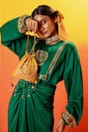 Shop_PRAHNAAYA_Green Vegan Satin Embroidery Luna Round Sequin Tie Up Dress _Online_at_Aza_Fashions