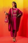 PRAHNAAYA_Pink Kurta And Pant Vegan Satin Embroidery Luna Round Straight & Set _Online_at_Aza_Fashions