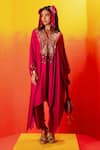 Shop_PRAHNAAYA_Pink Vegan Satin Embroidery Luna V-neck Pearl Kaftan With Pant _Online_at_Aza_Fashions