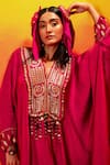 PRAHNAAYA_Pink Vegan Satin Embroidery Luna V-neck Pearl Kaftan With Pant _at_Aza_Fashions