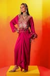 Shop_PRAHNAAYA_Pink Vegan Satin Embroidery Luna V-neck Zari Tie Up Dress _Online_at_Aza_Fashions