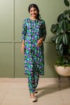 Buy_PRACHI KAMAT_Blue Linen Satin Print Fleur Folk Art Round Neck Kurta With Pant _at_Aza_Fashions