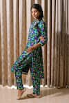 Buy_PRACHI KAMAT_Blue Linen Satin Print Fleur Folk Art Round Neck Kurta With Pant _Online_at_Aza_Fashions