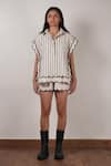 MATI_Off White Cotton Scallops Shirt Collar Striped And Shorts Set _Online_at_Aza_Fashions