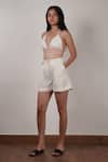 Buy_MATI_Off White Cotton Halter Neck Plain Waist Tie Bralette And Shorts Set _at_Aza_Fashions
