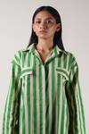 Mati_Beige Cotton Collared Stripe Block Printed Tunic And Pant Set _at_Aza_Fashions