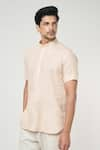 Arihant Rai Sinha_Beige Linen Solid Half Sleeves Short Kurta _Online_at_Aza_Fashions