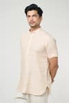 Shop_Arihant Rai Sinha_Beige Linen Solid Half Sleeves Short Kurta _Online_at_Aza_Fashions