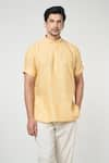 Buy_Arihant Rai Sinha_Yellow Linen Solid Plain Band Collar Short Kurta _Online_at_Aza_Fashions