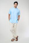 Buy_Arihant Rai Sinha_Blue Linen Solid Band Collar Short Kurta _at_Aza_Fashions