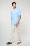 Arihant Rai Sinha_Blue Linen Solid Band Collar Short Kurta _Online_at_Aza_Fashions