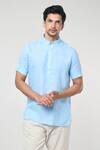 Shop_Arihant Rai Sinha_Blue Linen Solid Band Collar Short Kurta _Online_at_Aza_Fashions