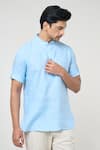 Arihant Rai Sinha_Blue Linen Solid Band Collar Short Kurta _at_Aza_Fashions