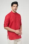 Buy_Arihant Rai Sinha_Red Linen Solid Full Sleeves Shirt Style Short Kurta _Online_at_Aza_Fashions