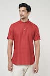 Arihant Rai Sinha_Red Linen Solid Half Sleeves Shirt Style Short Kurta _Online_at_Aza_Fashions