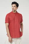 Buy_Arihant Rai Sinha_Red Linen Solid Half Sleeves Shirt Style Short Kurta _Online_at_Aza_Fashions