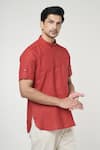 Shop_Arihant Rai Sinha_Red Linen Solid Half Sleeves Shirt Style Short Kurta _Online_at_Aza_Fashions