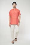 Buy_Arihant Rai Sinha_Orange Linen Solid Half Sleeves Shirt Style Kurta _at_Aza_Fashions