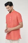 Buy_Arihant Rai Sinha_Orange Linen Solid Half Sleeves Shirt Style Kurta _Online_at_Aza_Fashions