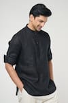 Shop_Arihant Rai Sinha_Black Linen Solid Full Sleeves Shirt Style Kurta _Online_at_Aza_Fashions