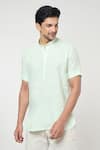 Arihant Rai Sinha_Green Linen Solid Shirt Style Half Placket Short Kurta _Online_at_Aza_Fashions