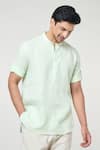 Shop_Arihant Rai Sinha_Green Linen Solid Shirt Style Half Placket Short Kurta _Online_at_Aza_Fashions