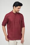 Arihant Rai Sinha_Wine Linen Solid Shirt Style Short Kurta _Online_at_Aza_Fashions