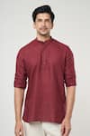 Shop_Arihant Rai Sinha_Wine Linen Solid Shirt Style Short Kurta _Online_at_Aza_Fashions