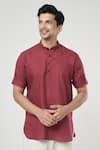 Arihant Rai Sinha_Wine Linen Solid Shirt Style Short Kurta _Online_at_Aza_Fashions