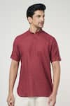 Shop_Arihant Rai Sinha_Wine Linen Solid Shirt Style Short Kurta _Online_at_Aza_Fashions