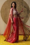 Shop_arpita sulakshana_Red Georgette Hand Embroidered Dori Blouse Blunt V Set With Ombre Cape _Online_at_Aza_Fashions