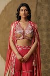 arpita sulakshana_Red Georgette Hand Embroidered Dori Blouse Blunt V Set With Ombre Cape _at_Aza_Fashions