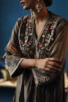 Begum_Grey Kurta Silk Embellished Tilla V Neck Jaljeera Yoke Embroidered Set _at_Aza_Fashions